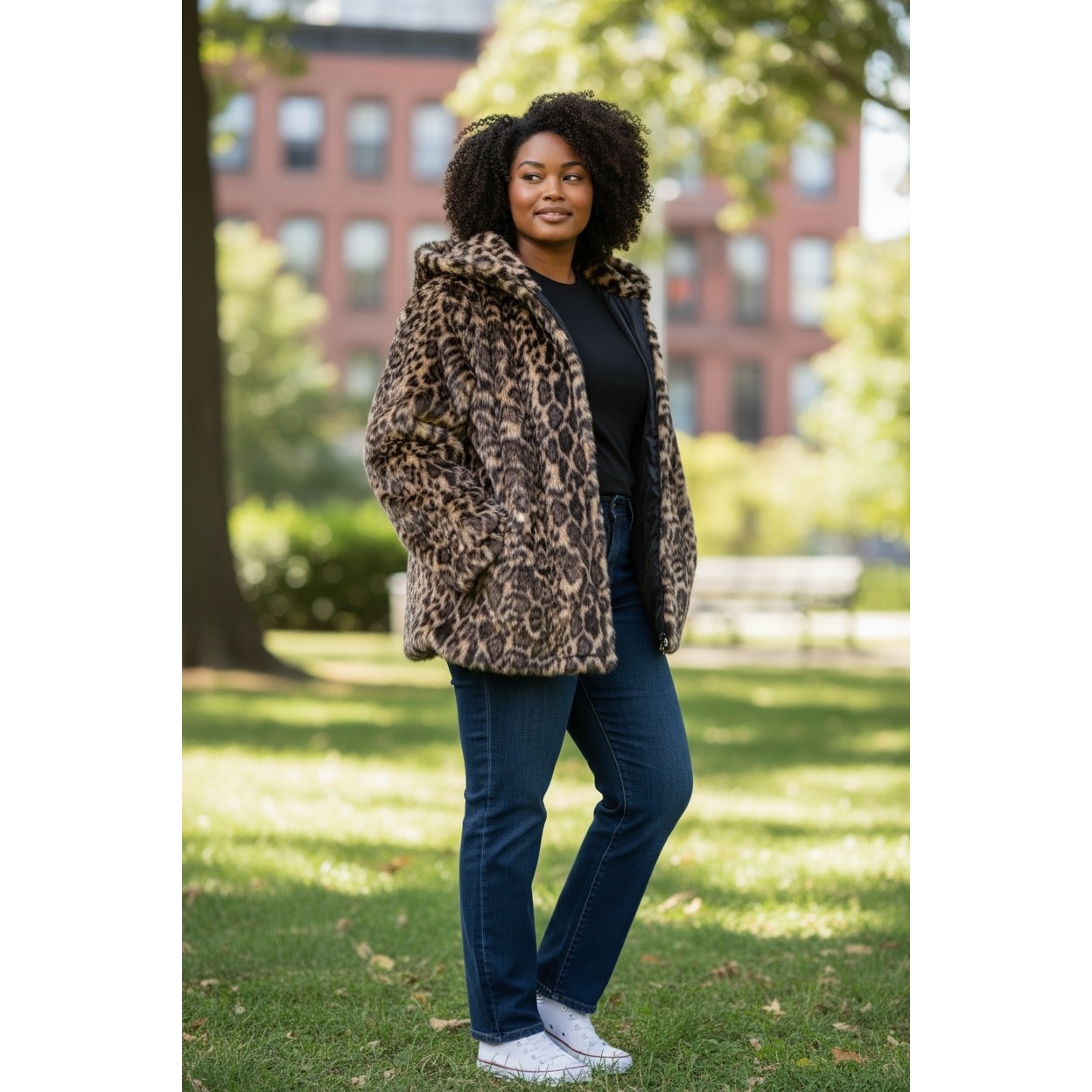 Roamans Leopard Print Faux Fur Hooded Coat Plus Size 34/36 4x Brown Black Zip